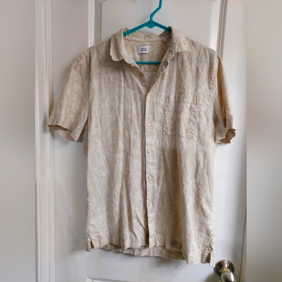 Men's Linen And Cotton Blend Casual Beige Button Down Shirt - Picture 1 of 10